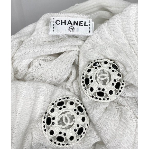 🤍 CHANEL Jewel Button Brooch Pin Ottoman Open Knit Stripe Shoulder Tie Sweater - Picture 3 of 11